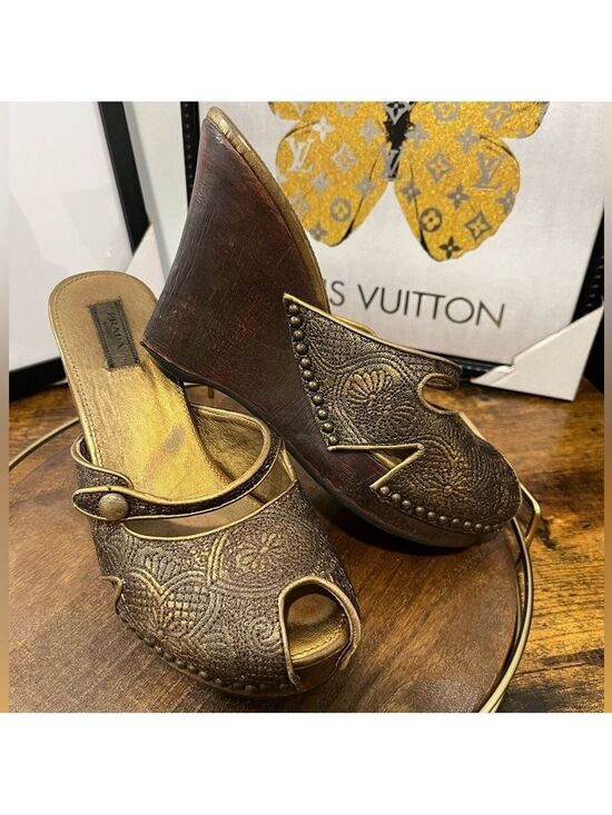 Prada Shoes - Prada Vintage Gold & Brown Wedge Shoes